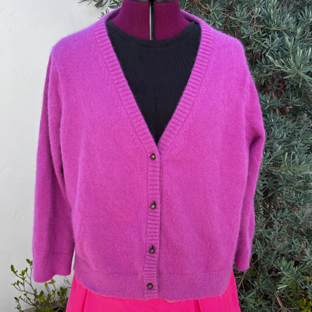 Spring Orchid Purple Angora Cardigan Sweater V-neck Metal Button Front - Size L
